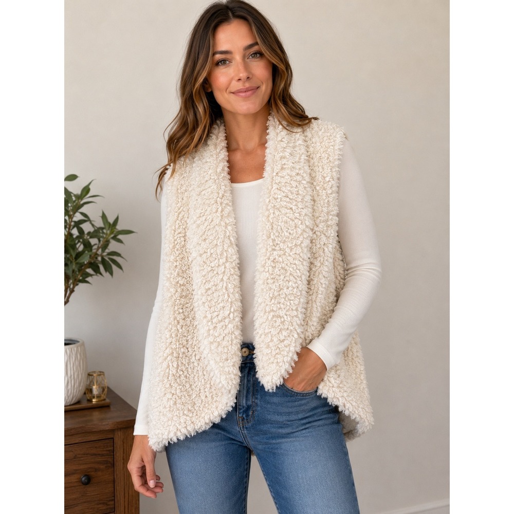 THE IMPECCABLE PIG Lucy Vest Women Medium Cream Faux Shearling Sherpa Open Front